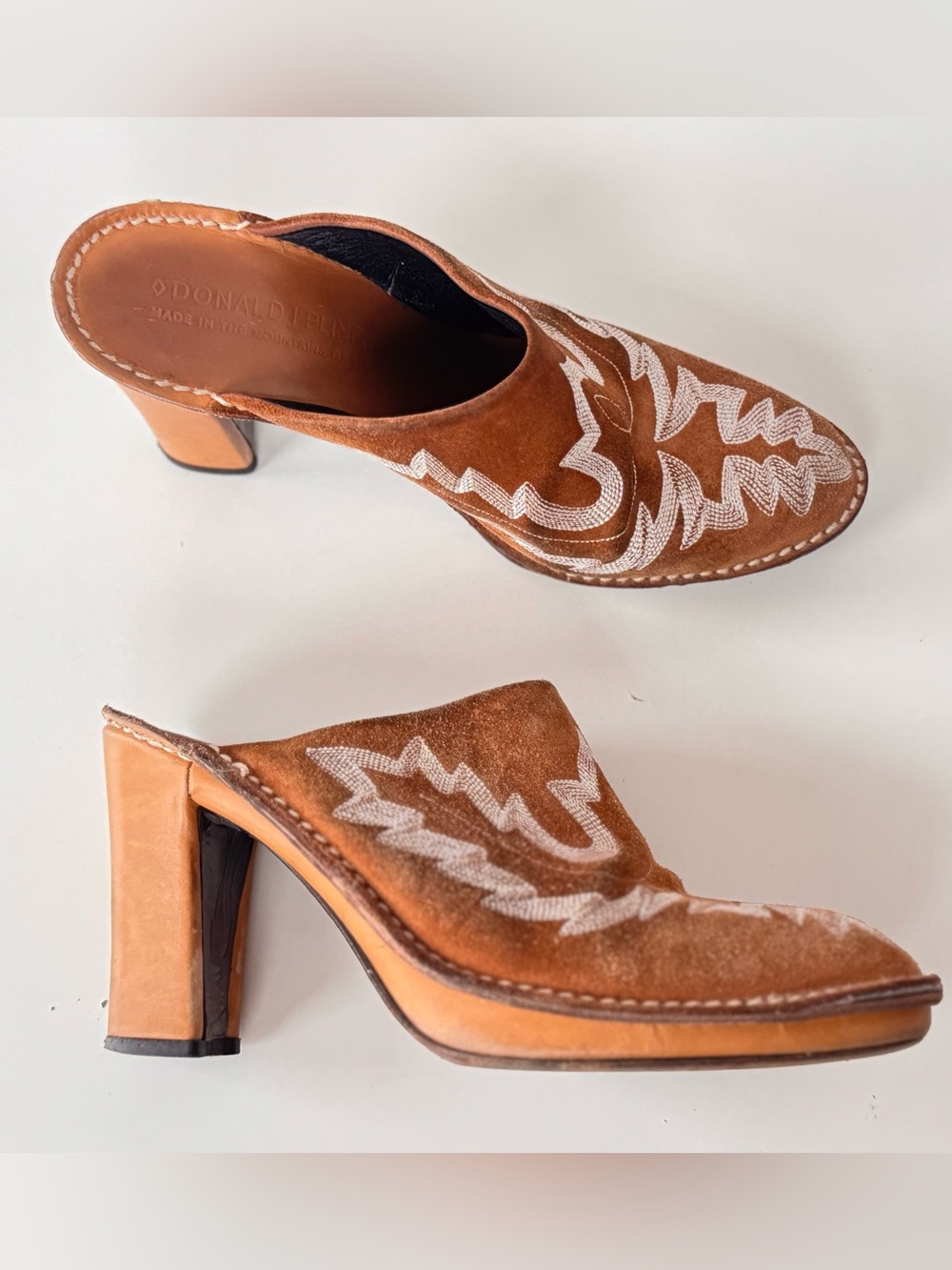Donald J Pliner Western Couture Bozza Brown Suede Mules Heels Shoes Size 7.5